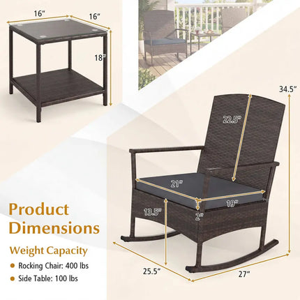 3 Piece Patio Rocking Set Wicker Rocking Chairs with 2-Tier Coffee Table-Gray - Gray - Patio Conversation Sets