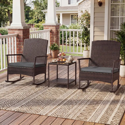 3 Piece Patio Rocking Set Wicker Rocking Chairs with 2-Tier Coffee Table-Gray - Gray - Patio Conversation Sets