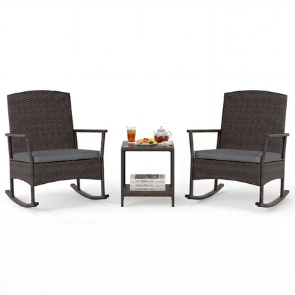 3 Piece Patio Rocking Set Wicker Rocking Chairs with 2-Tier Coffee Table-Gray - Gray - Patio Conversation Sets