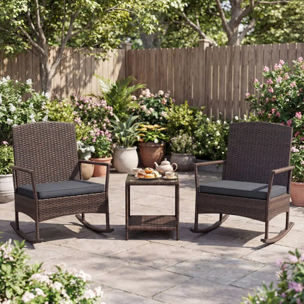 3 Piece Patio Rocking Set Wicker Rocking Chairs with 2-Tier Coffee Table-Gray - Gray - Patio Conversation Sets