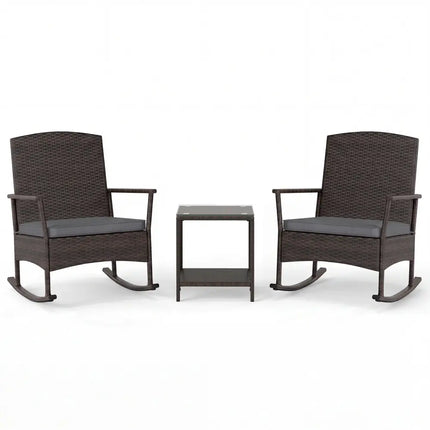 3 Piece Patio Rocking Set Wicker Rocking Chairs with 2-Tier Coffee Table-Gray - Gray - Patio Conversation Sets