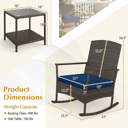 3 Piece Patio Rocking Set Wicker Rocking Chairs with 2-Tier Coffee Table-Navy - Navy - Patio Conversation Sets