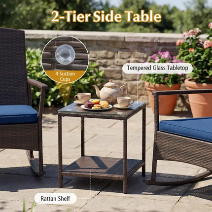 3 Piece Patio Rocking Set Wicker Rocking Chairs with 2-Tier Coffee Table-Navy - Navy - Patio Conversation Sets