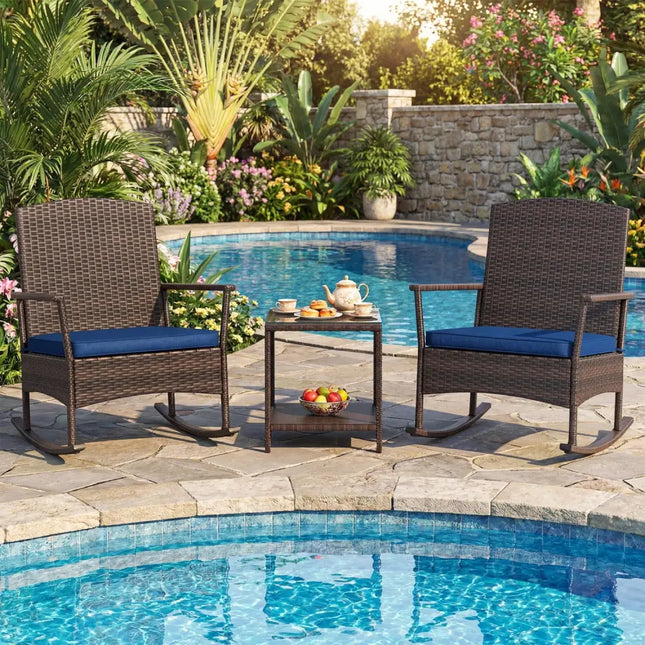 3 Piece Patio Rocking Set Wicker Rocking Chairs with 2-Tier Coffee Table-Navy - Navy - Patio Conversation Sets