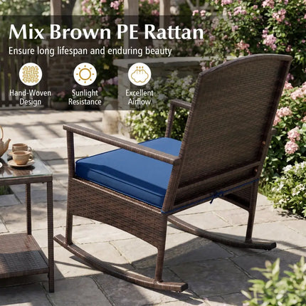 3 Piece Patio Rocking Set Wicker Rocking Chairs with 2-Tier Coffee Table-Navy - Navy - Patio Conversation Sets