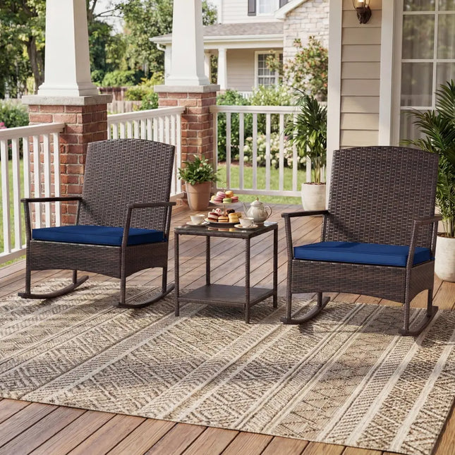 3 Piece Patio Rocking Set Wicker Rocking Chairs with 2-Tier Coffee Table-Navy - Navy - Patio Conversation Sets