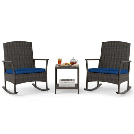 3 Piece Patio Rocking Set Wicker Rocking Chairs with 2-Tier Coffee Table-Navy - Navy - Patio Conversation Sets