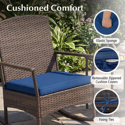 3 Piece Patio Rocking Set Wicker Rocking Chairs with 2-Tier Coffee Table-Navy - Navy - Patio Conversation Sets