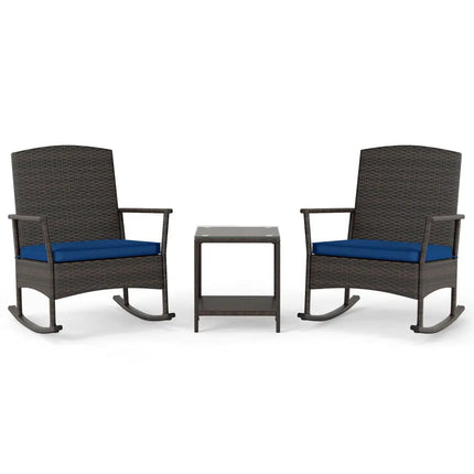 3 Piece Patio Rocking Set Wicker Rocking Chairs with 2-Tier Coffee Table-Navy - Navy - Patio Conversation Sets