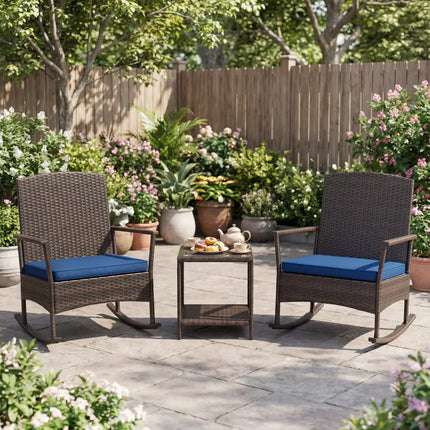 3 Piece Patio Rocking Set Wicker Rocking Chairs with 2-Tier Coffee Table-Navy - Navy - Patio Conversation Sets