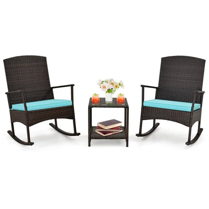 3 Piece Patio Rocking Set Wicker Rocking Chairs with 2Tier Coffee TableTurquoise - Oasis Home Essentials