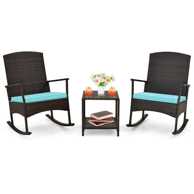 3 Piece Patio Rocking Set Wicker Rocking Chairs with 2Tier Coffee TableTurquoise - Oasis Home Essentials