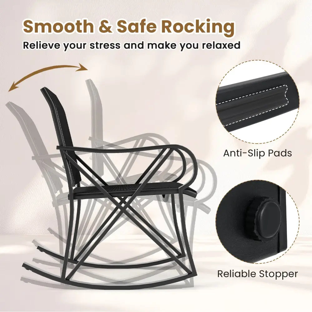 3 Piece Patio Rocking Set with Smooth Rocking Motion Outdoor Rocker Chair Bistro Set-Black - Black - Patio Conversation