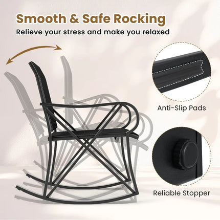 3 Piece Patio Rocking Set with Smooth Rocking Motion Outdoor Rocker Chair Bistro Set-Black - Black - Patio Conversation