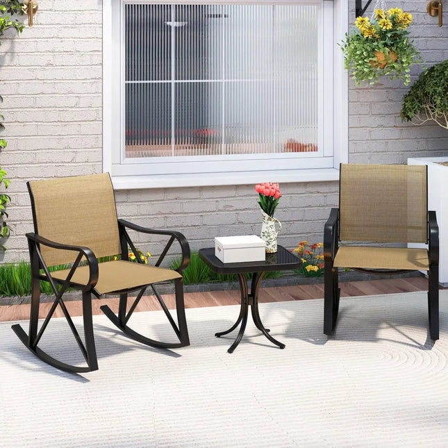3 Piece Patio Rocking Set with Smooth Rocking Motion Outdoor Rocker Chair Bistro Set -Brown - Brown - Patio