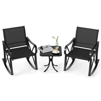 3 Piece Patio Rocking Set with Smooth Rocking Motion Outdoor Rocker Chair Bistro Set-Black - Black - Patio Conversation
