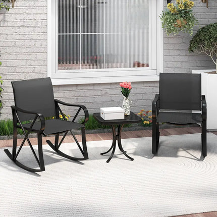 3 Piece Patio Rocking Set with Smooth Rocking Motion Outdoor Rocker Chair Bistro Set-Black - Black - Patio Conversation