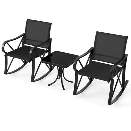 3 Piece Patio Rocking Set with Smooth Rocking Motion Outdoor Rocker Chair Bistro Set-Black - Black - Patio Conversation
