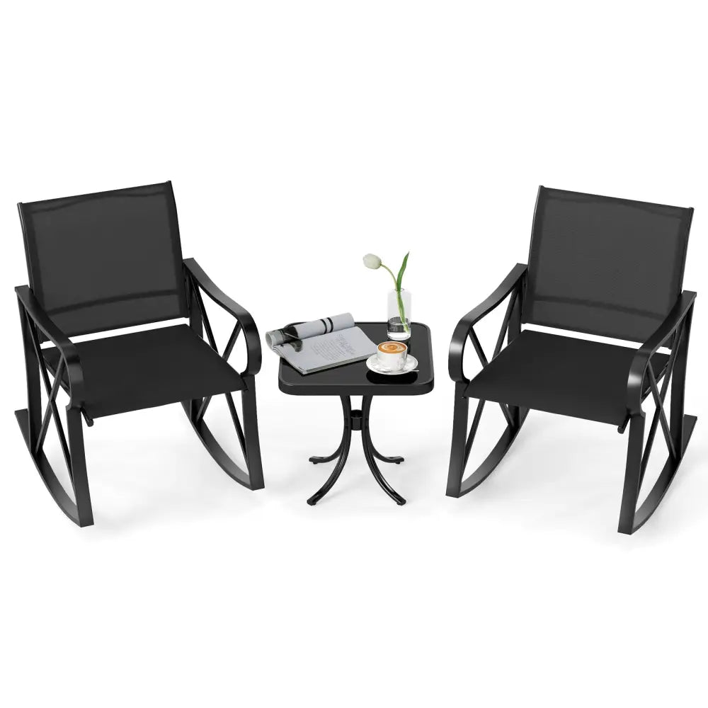 3 Piece Patio Rocking Set with Smooth Rocking Motion Outdoor Rocker Chair Bistro Set-Black - Black - Patio Conversation