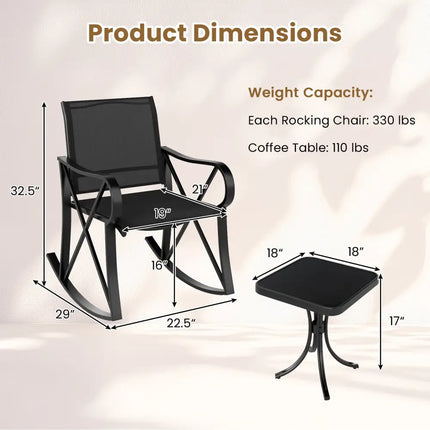 3 Piece Patio Rocking Set with Smooth Rocking Motion Outdoor Rocker Chair Bistro Set-Black - Black - Patio Conversation