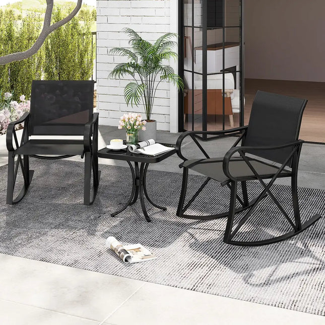 3 Piece Patio Rocking Set with Smooth Rocking Motion Outdoor Rocker Chair Bistro Set-Black - Black - Patio Conversation