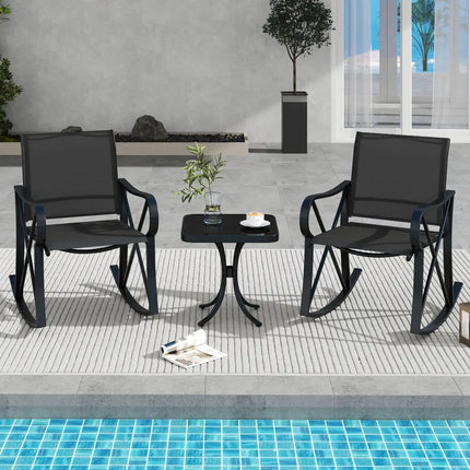 3 Piece Patio Rocking Set with Smooth Rocking Motion Outdoor Rocker Chair Bistro Set-Black - Black - Patio Conversation