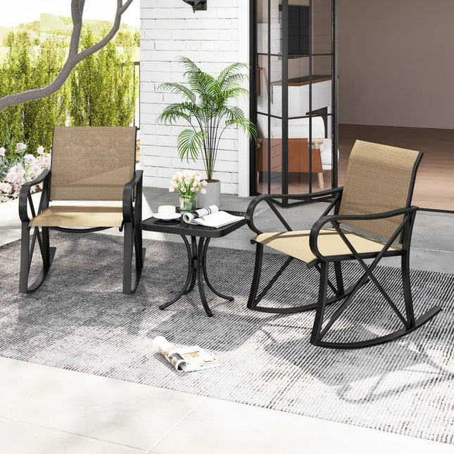 3 Piece Patio Rocking Set with Smooth Rocking Motion Outdoor Rocker Chair Bistro Set -Brown - Brown - Patio