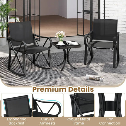 3 Piece Patio Rocking Set with Smooth Rocking Motion Outdoor Rocker Chair Bistro Set-Black - Black - Patio Conversation