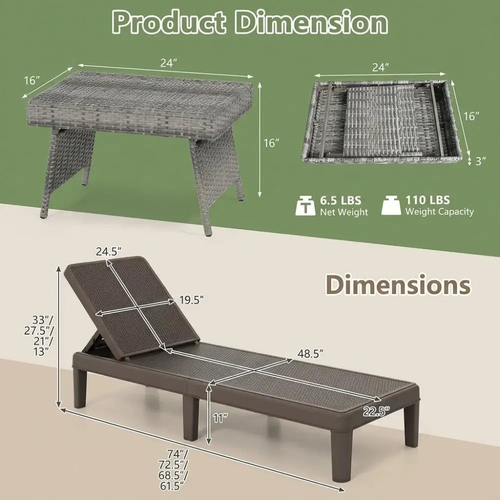 3-Piece Patio Set with 2 Adjustable Lounger Chairs and Rattan Side Table - Outdoor Chaise Lounges