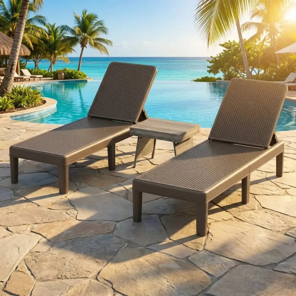 3-Piece Patio Set with 2 Adjustable Lounger Chairs and Rattan Side Table - Outdoor Chaise Lounges