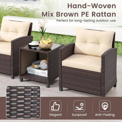 3 Piece Patio Sofa Set Wicker Chairs and Coffee Table with Storage-Beige - Beige - Patio Conversation Sets