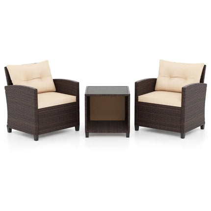 3 Piece Patio Sofa Set Wicker Chairs and Coffee Table with Storage-Beige - Beige - Patio Conversation Sets