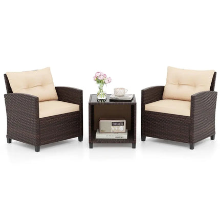 3 Piece Patio Sofa Set Wicker Chairs and Coffee Table with Storage-Beige - Beige - Patio Conversation Sets