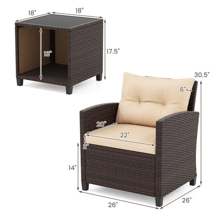 3 Piece Patio Sofa Set Wicker Chairs and Coffee Table with Storage-Beige - Beige - Patio Conversation Sets