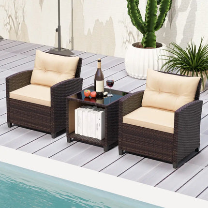 3 Piece Patio Sofa Set Wicker Chairs and Coffee Table with Storage-Beige - Beige - Patio Conversation Sets