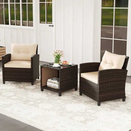 3 Piece Patio Sofa Set Wicker Chairs and Coffee Table with Storage-Beige - Beige - Patio Conversation Sets