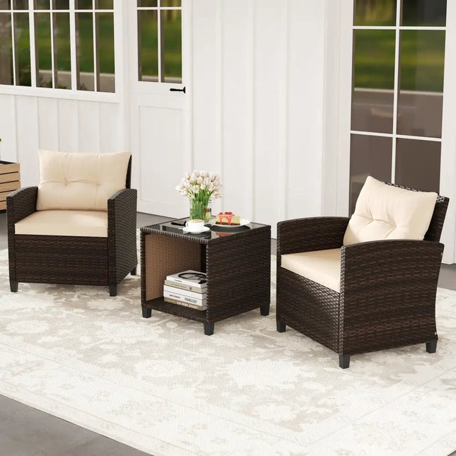 3 Piece Patio Sofa Set Wicker Chairs and Coffee Table with Storage-Beige - Beige - Patio Conversation Sets