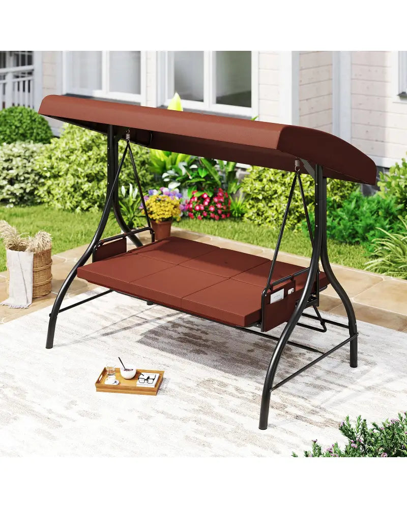 3-Piece Patio Swing with Canopy Removable Cushions and Side Pockets-Brown - Brown - Porch Swings
