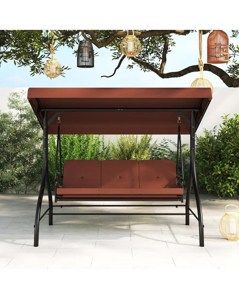 3-Piece Patio Swing with Canopy Removable Cushions and Side Pockets-Brown - Brown - Porch Swings