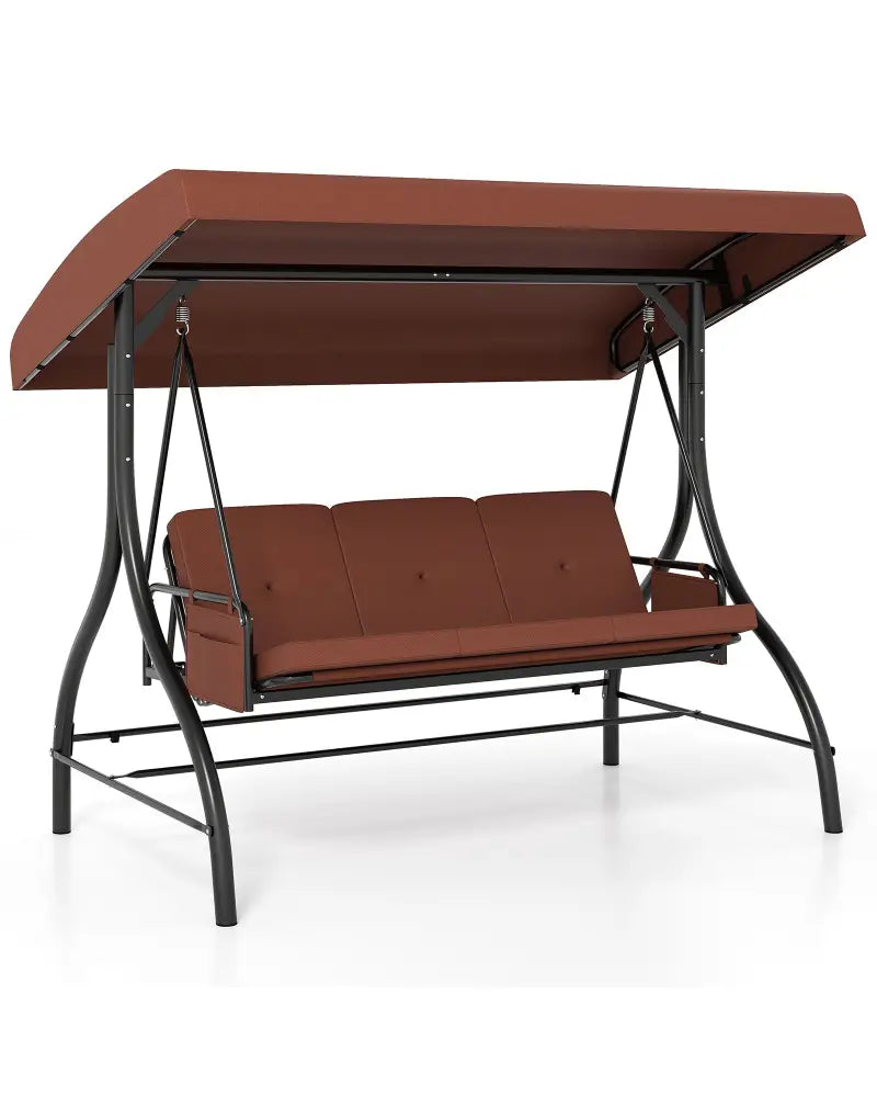 3-Piece Patio Swing with Canopy Removable Cushions and Side Pockets-Brown - Brown - Porch Swings