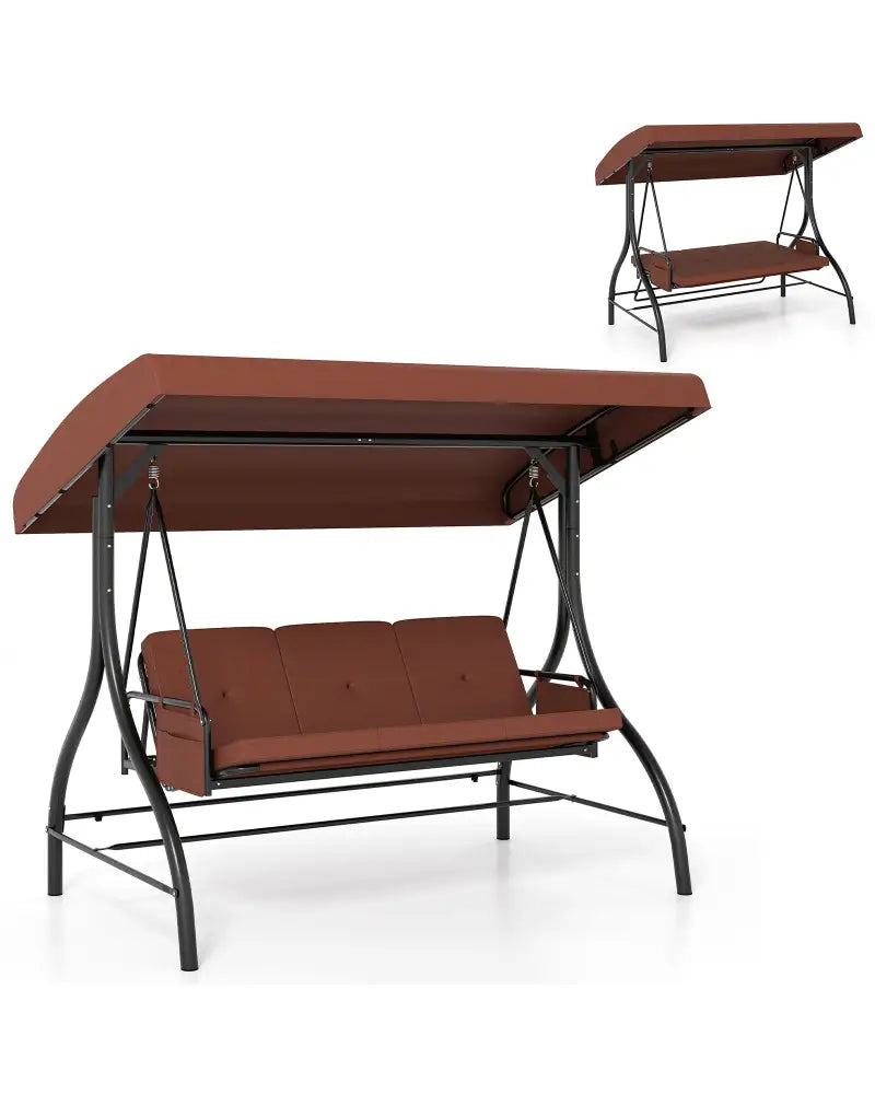 3-Piece Patio Swing with Canopy Removable Cushions and Side Pockets-Brown - Brown - Porch Swings