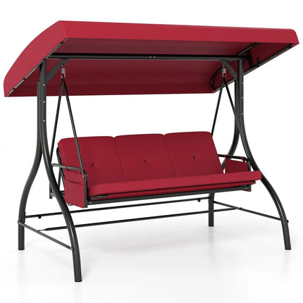 3-Piece Patio Swing with Canopy Removable Cushions and Side Pockets-Burgundy - Burgundy - Porch Swings