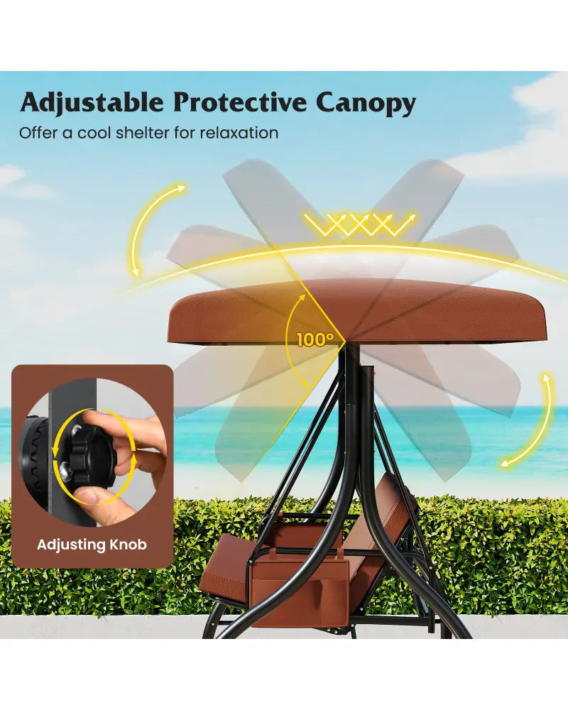 3-Piece Patio Swing with Canopy Removable Cushions and Side Pockets-Brown - Brown - Porch Swings