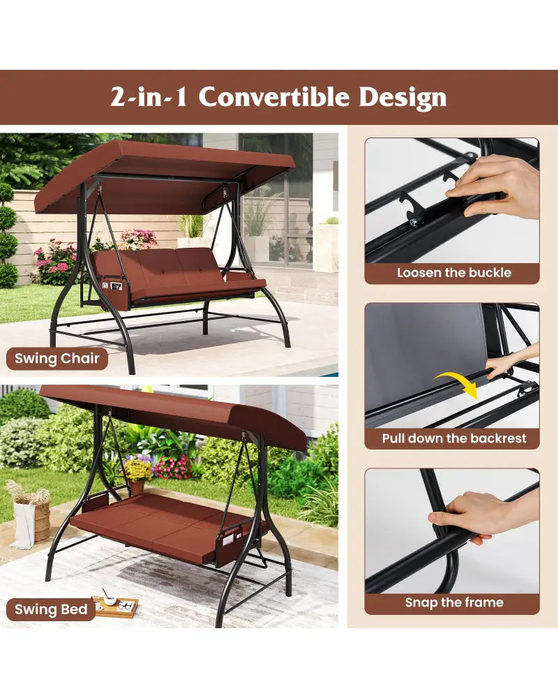 3-Piece Patio Swing with Canopy Removable Cushions and Side Pockets-Brown - Brown - Porch Swings