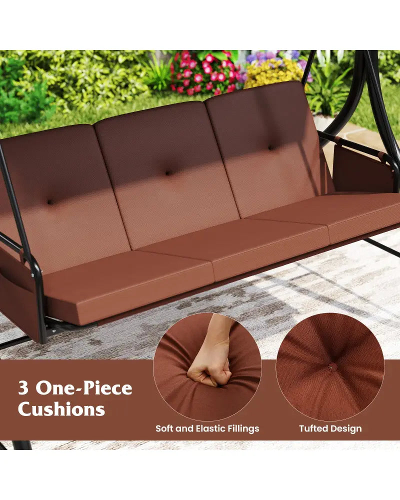 3-Piece Patio Swing with Canopy Removable Cushions and Side Pockets-Brown - Brown - Porch Swings