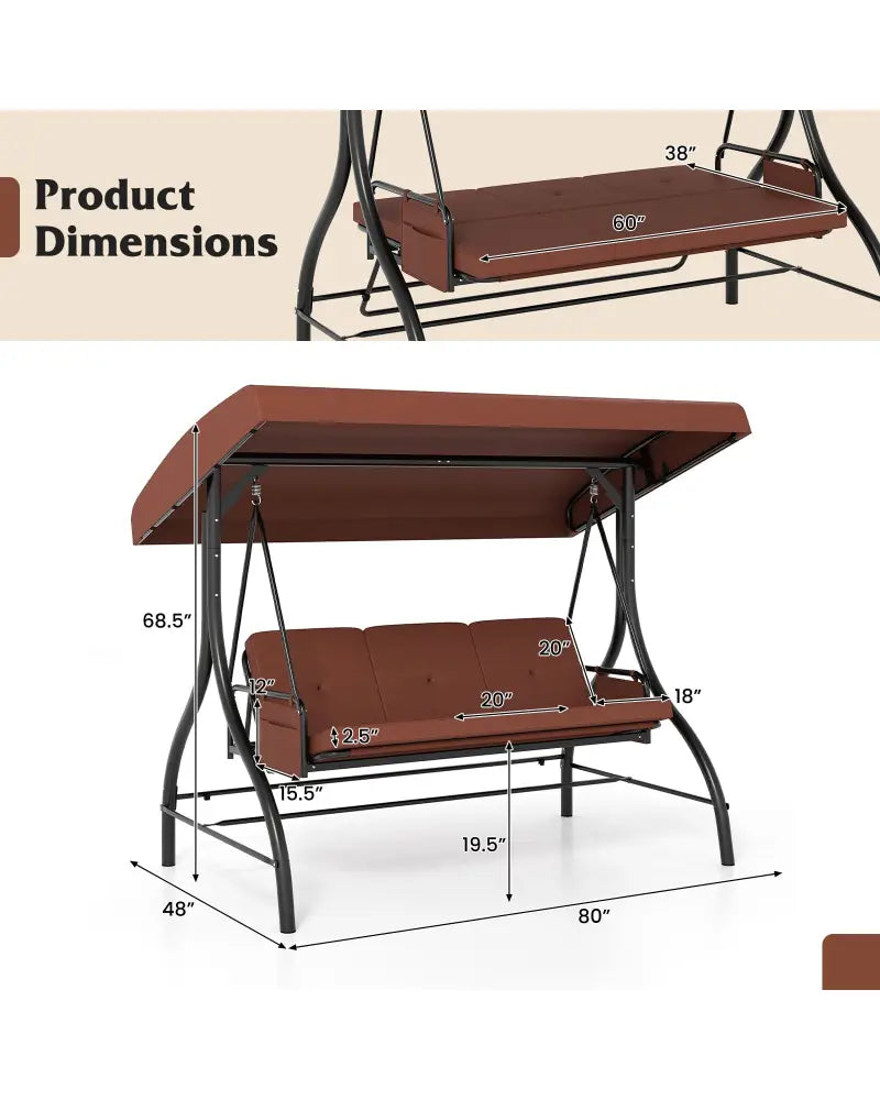 3-Piece Patio Swing with Canopy Removable Cushions and Side Pockets-Brown - Brown - Porch Swings