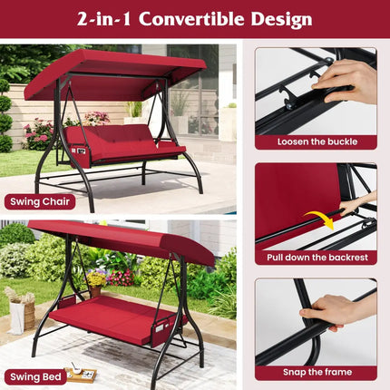 3-Piece Patio Swing with Canopy Removable Cushions and Side Pockets-Burgundy - Burgundy - Porch Swings