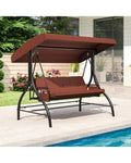 3-Piece Patio Swing with Canopy Removable Cushions and Side Pockets-Brown - Brown - Porch Swings
