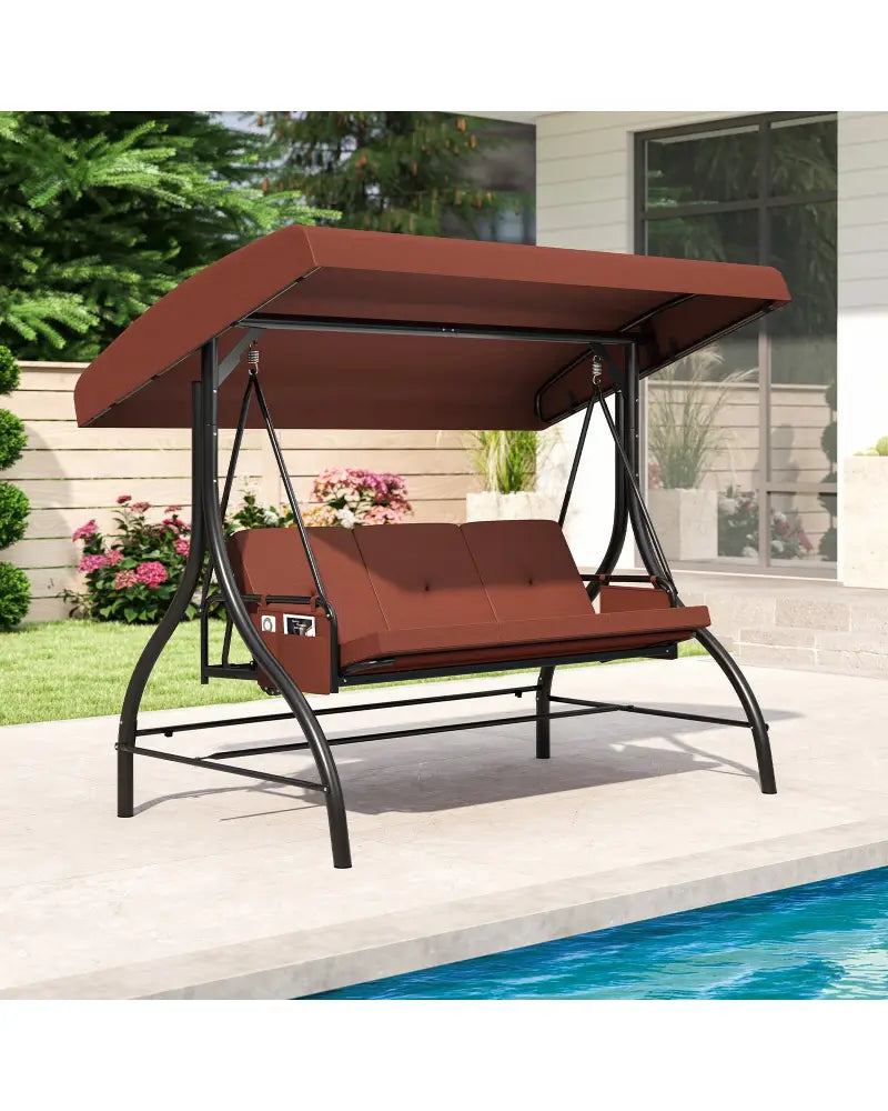 3-Piece Patio Swing with Canopy Removable Cushions and Side Pockets-Brown - Brown - Porch Swings