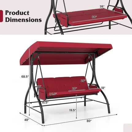 3-Piece Patio Swing with Canopy Removable Cushions and Side Pockets-Burgundy - Burgundy - Porch Swings